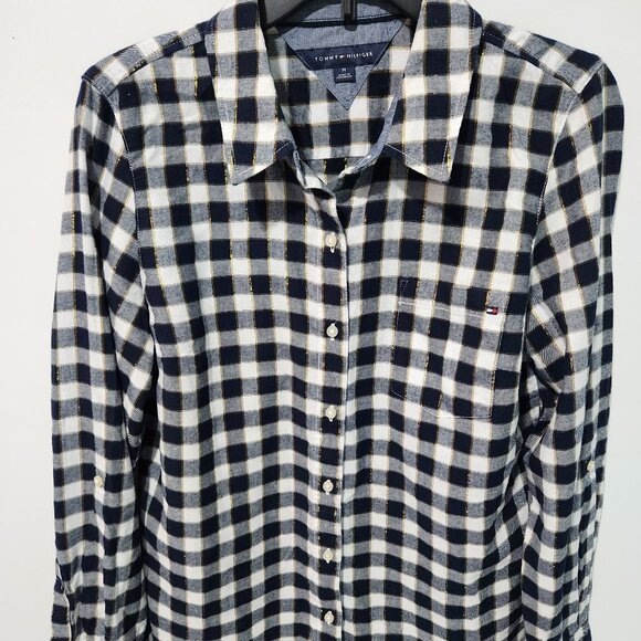 Tommy Hilfiger Tops - Tommy Hilfiger Navy Blue/White/Gold Plaid long sleeve button up shirt- Medium
